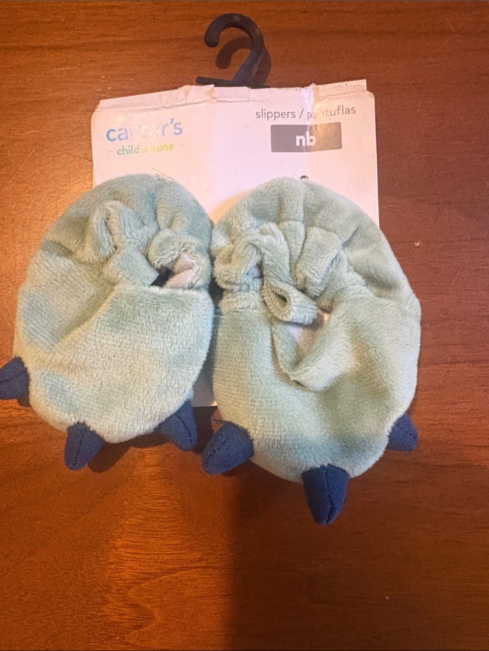 Carter's Light Green Plush Baby Slipper Mittens with Navy Claws